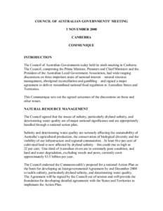 COUNCIL OF AUSTRALIAN GOVERNMENTS’ MEETING 3 NOVEMBER 2000 CANBERRA COMMUNIQUE INTRODUCTION The Council of Australian Governments today held its ninth meeting in Canberra.