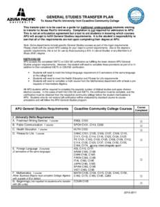 GENERAL STUDIES TRANSFER PLAN To Azusa Pacific University from Coastline Community College This transfer plan is to be used as a guide for traditional undergraduate students wishing to transfer to Azusa Pacific Universit