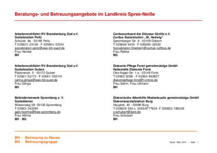 Beratungs- und Betreuungsangebote im Landkreis Spree-Neiße  Arbeiterwohlfahrt RV Brandenburg Süd e.V. Sozialstation Peitz Schulstr. 8a · 03185 Peitz T · F