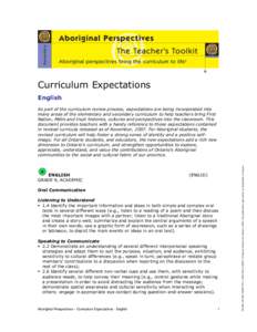 Curriculum Expectations English ENGLISH GRADE 9, ACADEMIC