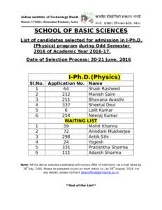 SCHOOL OF BASIC SCIENCES List of candidates selected for admission in I-Ph.D. (Physics) program during Odd Semester 2016 of Academic YearDate of Selection Process: 20-21 June, 2016