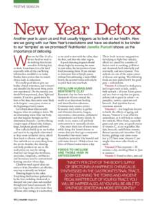 FESTIVE SEASON  New Year Detox Another year is upon us and that usually triggers us to look at our health. How are we going with our New Year’s resolutions and have we started to be kinder to our ‘temples’ as we pr