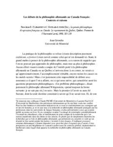 Les débuts de la philosophie allemande au Canada français: Contexte et raisons Paru dans R. KLIBANSKY et J. B OULAB-AYOUB (Dir.), La pensée philosophique