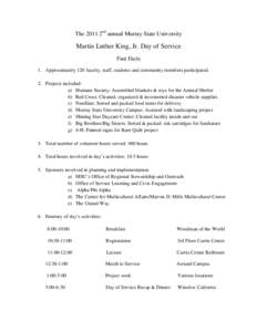 The 2011 2nd annual Murray State University  Martin Luther King, Jr. Day of Service Fast Facts 1. Approximately 120 faculty, staff, students and community members participated. 2. Projects included: