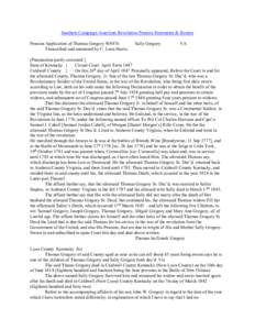 Southern Campaign American Revolution Pension Statements & Rosters Pension Application of Thomas Gregory W8876 Transcribed and annotated by C. Leon Harris. Sally Gregory