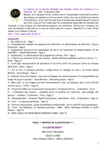 Le Courrier de la Marche Mondiale des Femmes contre les Violences et la Pauvreté - N° - 240 – 4 décembre 2013 Bonjour, voici quelques textes, rendez-vous et communiqués concernant les droits des femmes, en espéran