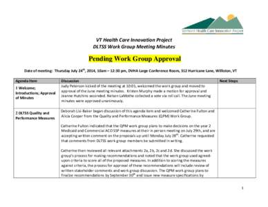 VT Health Care Innovation Project DLTSS Work Group Meeting Minutes Pending Work Group Approval Date of meeting: Thursday July 24th, 2014, 10am – 12:30 pm, DVHA Large Conference Room, 312 Hurricane Lane, Williston, VT A