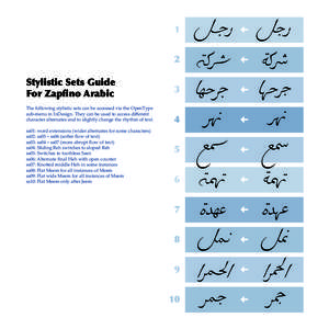 1 2 Stylistic Sets Guide For Zapfino Arabic The following stylistic sets can be accessed via the OpenType sub-menu in InDesign. They can be used to access different