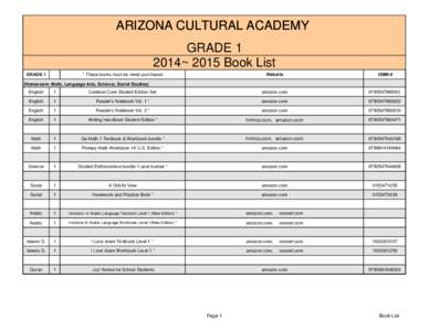 ARIZONA CULTURAL ACADEMY GRADE[removed]~ 2015 Book List GRADE 1  * These books must be newly purchased