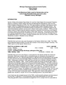 Michigan Department of Environmental Quality Water Division January 2003 Total Maximum Daily Load for Escherichia coli for Lime Creek (Prattville Drain and Lime Lake)