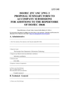 L2[removed]ISO/IEC JTC 1/SC 2/WG 2 PROPOSAL SUMMARY FORM TO ACCOMPANY SUBMISSIONS FOR ADDITIONS TO THE REPERTOIRE