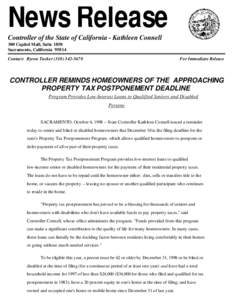 Press Release CONTROLLER REMINDS HOMEOWNERS OF THE APPROACHING PROPERTY TAX POSTPONEMENT DEADLINE