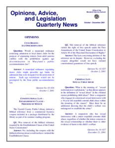 Opinions, Advice, and Legislation Quarterly News Office of the Maryland Attorney General
