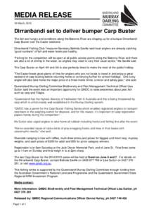 MEDIA RELEASE 19 March, 2015 Dirranbandi set to deliver bumper Carp Buster The fish are hungry and conditions along the Balonne River are shaping up for a bumper Dirranbandi Carp Buster over the Easter weekend.