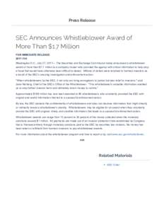 Press Release  SEC Announces Whistleblower Award of More Than $1.7 Million FOR IMMEDIATE RELEASE