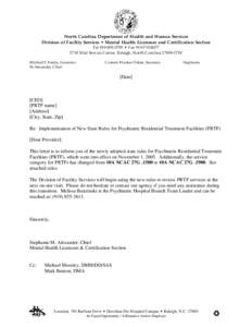 NC DHSR MHLCS: Implementation of New State Rules for Psychiatric Residential Treatment Facilities (PRTF)