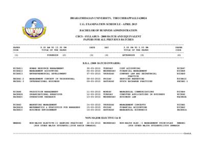 BHARATHIDASAN UNIVERSITY, TIRUCHIRAPPALLIU.G. EXAMINATION SCHEDULE - APRIL 2015 BACHELOR OF BUSINESS ADMINISTRATION CBCS - SYLLABUSBATCH AND EQUIVALENT PAPERS FOR ALL PREVIOUS BATCHES --------------------