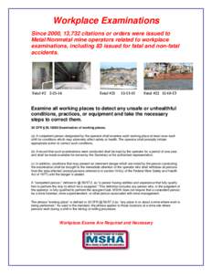 Workplace Examinations Since 2000, 13,732 citations or orders were issued to Metal/Nonmetal mine operators related to workplace examinations, including 83 issued for fatal and non-fatal accidents.