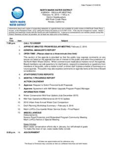 Date Posted: NORTH MARIN WATER DISTRICT AGENDA - REGULAR MEETING February 16, 2016 – 7:00 p.m. District Headquarters