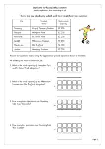 Stadiums for football this summer Maths worksheets from mathsblog.co.uk There are six stadiums which will host matches this summer. City