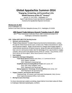 Global Appalachia: Summer-2014 “Engaging, Competing, and Succeeding in the Global Economy of the 21st Century” June 16, 17, & 18, 2014 – Washington, D.C. Export Trade Advisory Council and Network Appalachia Hosted 