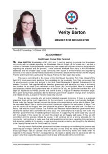 Speech By  Verity Barton MEMBER FOR BROADWATER  Record of Proceedings, 16 October 2013