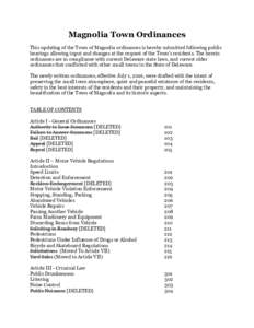 Magnolia Town Ordinances This updating of the Town of Magnolia ordinances is hereby submitted following public hearings allowing input and changes at the request of the Town’s residents. The herein ordinances are in co