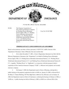 IN RE:  The Proposed Acquisition of First American Insurance Company by Warburg Pincus (Bermuda) Private Equity VIII, L.P., Warburg