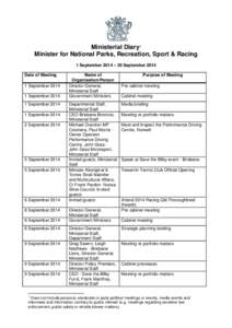 Ministerial Diary: Minister for National Parks, Recreation, Sport & Racing