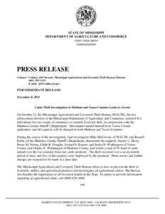 STATE OF MISSISSIPPI DEPARTMENT OF AGRICULTURE AND COMMERCE CINDY HYDE-SMITH COMMISSIONER  PRESS RELEASE