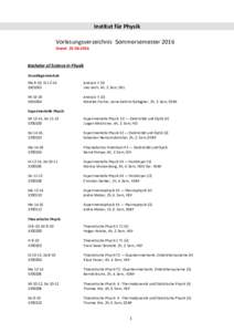 Institut für Physik Vorlesungsverzeichnis Sommersemester 2016 Stand: Bachelor of Science in Physik Grundlagenmodule