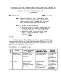 PROCEEDINGS OF THE COMMISSIONER OF SOCIAL DEFENCE, CHENNAI - 10 Present:- Thiru. Ashok Ranjan Mohanty, I.A.S., Commissioner No[removed]D1[removed]Date: [removed]