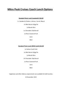 Mitre Peak Cruises Coach Lunch Options Standard Picnic Lunch (sandwich) $x Sandwich (Chicken, Lettuce, Carrot, Mayo) 1x Mini Bacon & Egg Pie 1x Muesli Slice 1x Chocolate Chip Biscuit