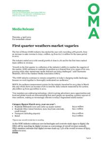 Thursday 4 April 2013 For immediate release First quarter weathers market vagaries The Out-of-Home (OOH) industry has started the year well, recording 3.8% growth, from an increase in sales revenue to $122.1 million, up 