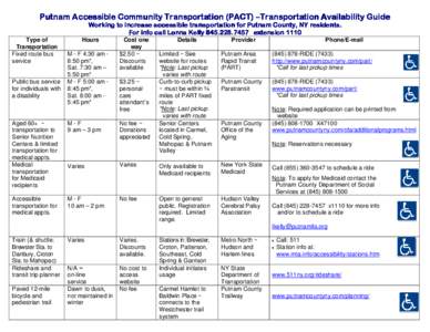 Putnam Accessible Community Transportation (PACT) –Transportation Availability Guide Working to increase accessible transportation for Putnam County, NY residents. For info call Lonna Kelly[removed]extension 1110 