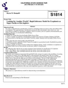 CALIFORNIA STATE SCIENCE FAIR 2013 PROJECT SUMMARY Name(s)  Rayna M. Rampalli