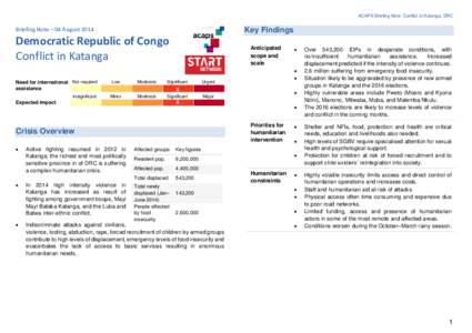 ACAPS Briefing Note: Conflict in Katanga, DRC  Briefing Note – 04 August 2014 Key Findings