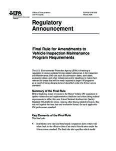 Final Rule for Amendments to Vehicle Inspection Maintenance Program Requirements  (EPA420-F[removed])