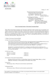 TRANSLATION February 22, 2013 Real Estate Investment Trust Securities Issuer Sekisui House SI Investment Corporation 2-12 Kojimachi, Chiyoda-ku, Tokyo Representative: Junichi Inoue, Executive Director