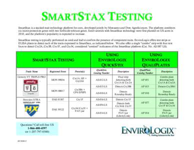 SMARTSTAX TESTING SmartStax is a stacked-trait technology platform for corn, developed jointly by Monsanto and Dow AgroSciences. The platform combines six insect-protection genes with two herbicide-tolerant genes. Seed v