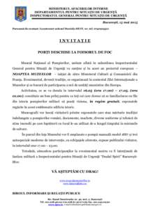 MINISTERUL AFACERILOR INTERNE DEPARTAMENTUL PENTRU SITUAŢII DE URGENŢĂ INSPECTORATUL GENERAL PENTRU SITUAŢII DE URGENŢĂ Bucureşti, 15 mai 2015 Persoană de contact: Locotenent colonel Daniela SILVI, nr. tel