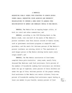 A MEMORIAL REQUESTING PUBLIC SCHOOL FOOD DIRECTORS TO DONATE EXCESS SCHOOL MEALS; REQUESTING STATE AGENCIES AND NONPROFIT ORGANIZATIONS TO CONVENE A WORK GROUP TO ADDRESS FOOD REDISTRIBUTION TO HUNGRY AND HOMELESS PEOPLE