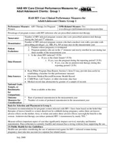 HAB HIV Core Clinical Performance Measures for Adult/Adolescent Clients: Group 1 HAB HIV Core Clinical Performance Measures for Adult/Adolescent Clients: Group 1 Performance Measure: ARV Therapy for Pregnant Women