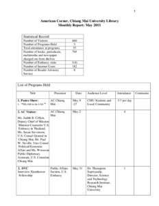 1  American Corner, Chiang Mai University Library Monthly Report: May 2011 Statistical Record Number of Visitors