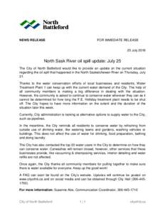 NEWS RELEASE  FOR IMMEDIATE RELEASE 25 JulyNorth Sask River oil spill update: July 25