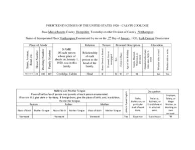 FOURTEENTH CENSUS OF THE UNITED STATES 1920 – CALVIN COOLIDGE State Massachusetts County Hampshire Township or other Division of County Northampton Name of Incorporated Place Northampton Enumerated by me on the 7th Day