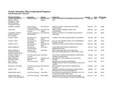 Cornell University, Office of Sponsored Programs Awards Received in June 2011 Principal Investigator ACLAND, GREGORY M MEZEY, JASON G SCHIMENTI, JOHN C