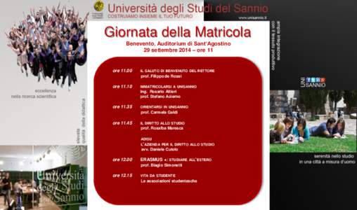 Giornata della Matricola Benevento, Auditorium di Sant’Agostino 29 settembre 2014 – ore 11 ore 11.00