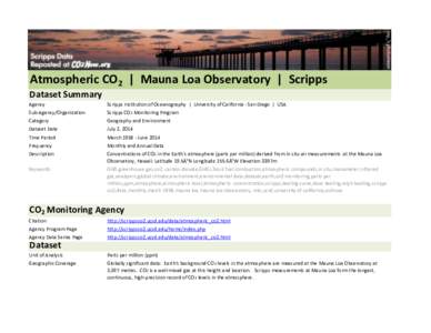 Atmospheric CO2 | Mauna Loa Observatory | Scripps Dataset Summary Agency Scripps Institution of Oceanography | University of California - San Diego | USA