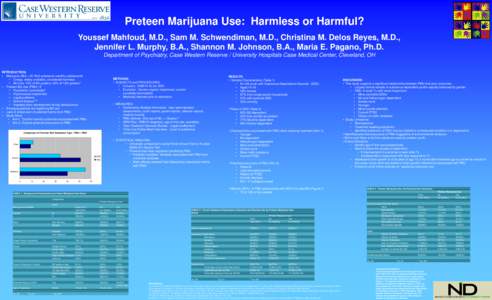 Preteen Marijuana Use: Harmless or Harmful? Youssef Mahfoud, M.D., Sam M. Schwendiman, M.D., Christina M. Delos Reyes, M.D., Jennifer L. Murphy, B.A., Shannon M. Johnson, B.A., Maria E. Pagano, Ph.D. Department of Psychi